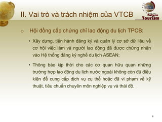 II. Vai trò và trách nhiệm của VTCB 
o Hội đồng cấp chứng chỉ lao động du lịch TPCB: 
•Xây dựng, tiến hành đăng ký và quản lý cơ sở dữ liệu về cơ hội việc làm và người lao động đã được chứng nhận vào Hệ thống đăng ký nghề du lịch ASEAN; 
•Thông báo kịp thời cho các cơ quan hữu quan những trường hợp lao động du lịch nước ngoài không còn đủ điều kiện để cung cấp dịch vụ cụ thể hoặc đã vi phạm về kỹ thuật, tiêu chuẩn chuyên môn nghiệp vụ và thái độ. 
9  