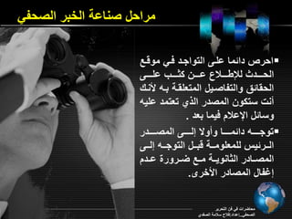 مراحل صناعة الخبر الصحفي 
احرص دايما علي التراجيد فيي مرميع  
الحيييييد لعطيييييلا عييييين كويييييا علييييي 
الحقايا رالتفاصييل المتولقية بيه لأني 
فنت ستكرن المصدر ال ي توتمد عليه 
رسايل الإعلات فيما بود . 
ترجيييييه دايميييييا رفرلا إلييييي المصيييييدر  
اليييرييس للمولرمييية مبيييل الترجيييه إلييي 
المصييادر الوانرييية مييع ضييرررة عييدت 
إافال المصادر الأخرى. 
محاضرات في فن التحرير 
الصحفي..إعداد:فلاح سلامة الصفدي 
 