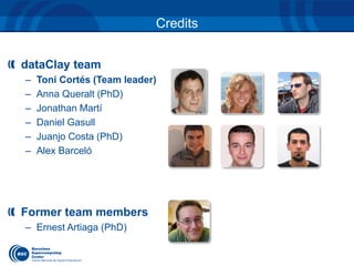 Credits 
dataClay team 
– Toni Cortés (Team leader) 
– Anna Queralt (PhD) 
– Jonathan Martí 
– Daniel Gasull 
– Juanjo Costa (PhD) 
– Alex Barceló 
Former team members 
– Ernest Artiaga (PhD) 
