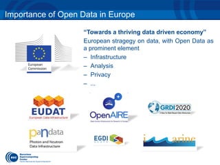 Importance of Open Data in Europe 
“Towards a thriving data driven economy” 
European stragegy on data, with Open Data as 
a prominent element 
– Infrastructure 
– Analysis 
– Privacy 
– ... 
 