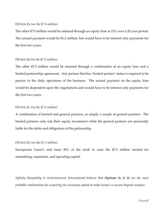 PAGE 47
OPTION 2A (on the $7.5 million)
The other $7.5 million would be attained through an equity loan at 15% over a 20 year period.
The annual payment would be $1.2 million, but would have to be interest only payments for
the first two years.
OPTION 2B (on the $7.5 million)
The other $7.5 million would be attained through a combination of an equity loan and a
limited partnership agreement. Any partner that has ‘limited partner’ status is required to be
passive in the daily operations of the business. The annual payment on the equity loan
would be dependent upon the negotiations and would have to be interest only payments for
the first two years.
OPTION 2C (on the $7.5 million)
A combination of limited and general partners, or simply a couple of general partners. The
limited partners only risk their equity investment while the general partners are personally
liable for the debts and obligations of the partnership.
OPTION 2D (on the $7.5 million)
Incorporate Lunai’s and issue 49% of the stock to raise the $7.5 million needed for
remodeling, expansion, and operating capital.
Infinity Hospitality & Entertainment International believes that Options 1c & 2c are the most
probable combinations for acquiring the necessary capital to make Lunai’s a success beyond compare.
 