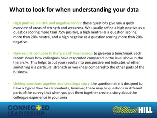 What to look for when understanding your data 
• High positive, neutral and negative scores: these questions give you a quick 
overview of areas of strength and weakness. We usually define a high positive as a 
question scoring more than 75% positive, a high neutral as a question scoring 
more than 20% neutral, and a high negative as a question scoring more than 20% 
negative. 
• How results compare to the ‘parent’ level scores: to give you a benchmark each 
report shows how colleagues have responded compared to the level above in the 
hierarchy. This helps to put your results into perspective and indicates whether 
something is a particular strength or weakness compared to the other parts of the 
business. 
• Linking questions together and creating a story: the questionnaire is designed to 
have a logical flow for respondents, however, there may be questions in different 
parts of the survey that when you put them together create a story about the 
colleague experience in your area 
 