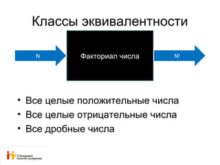Классы эквивалентности 
N Факториал числа N! 
• Все целые положительные числа 
• Все целые отрицательные числа 
• Все дробные числа 
 