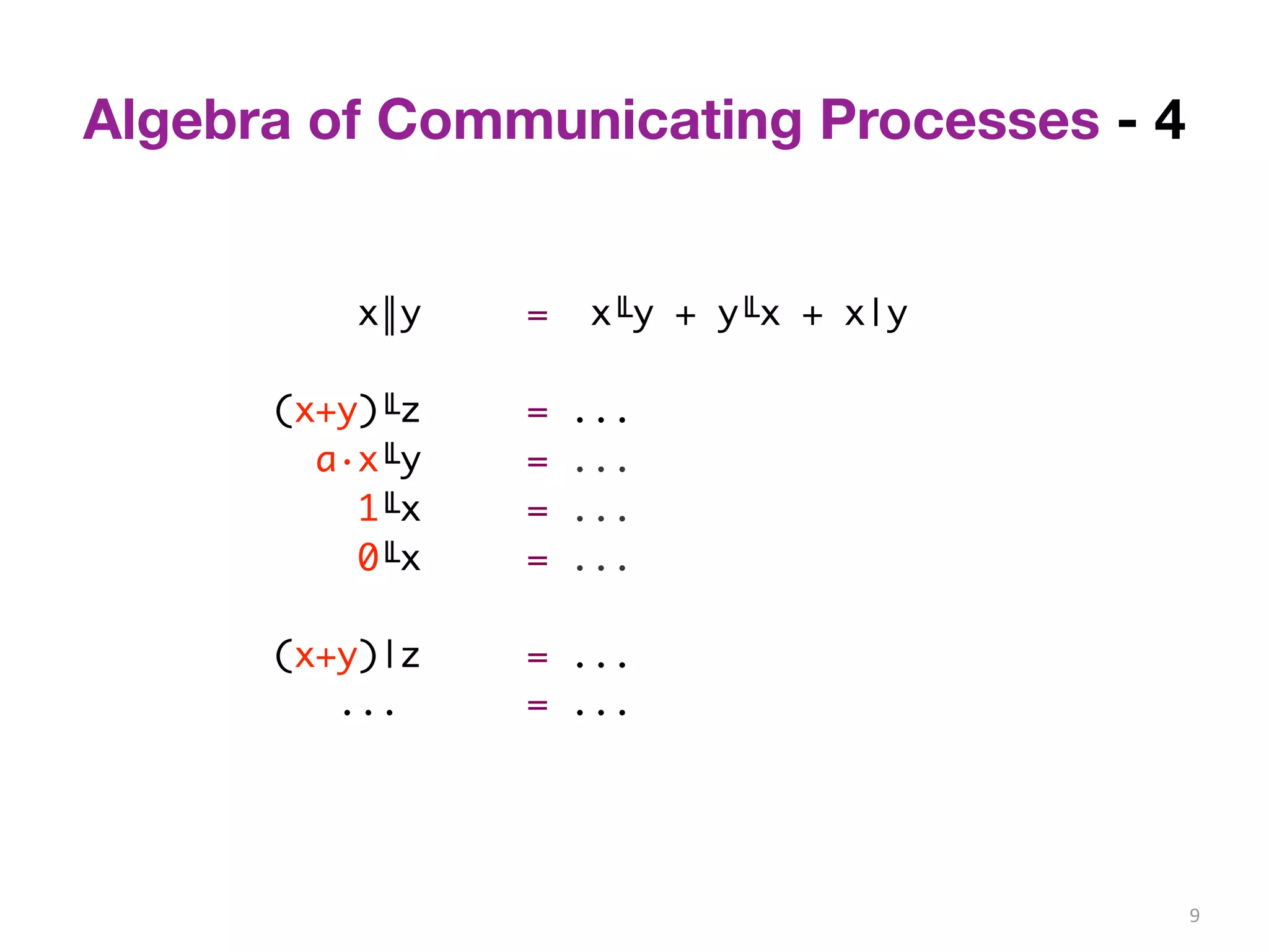 9 
Algebra of Communicating Processes - 4 
x║y = x╙y + y╙x + x|y 
(x+y)╙z = ... 
a·x╙y = ... 
1╙x = ... 
0╙x = ... 
(x+y)|z = ... 
... = ... 
 
