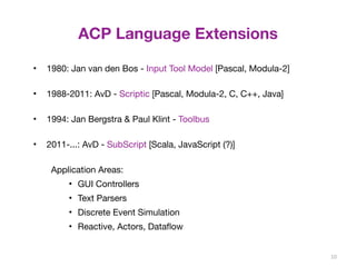 ACP Language Extensions 
• 1980: Jan van den Bos - Input Tool Model [Pascal, Modula-2] 
• 1988-2011: AvD - Scriptic [Pascal, Modula-2, C, C++, Java] 
• 1994: Jan Bergstra & Paul Klint - Toolbus 
• 2011-...: AvD - SubScript [Scala, JavaScript (?)] 
Application Areas: 
• GUI Controllers 
• Text Parsers 
• Discrete Event Simulation 
• Reactive, Actors, Dataflow 
10 
 