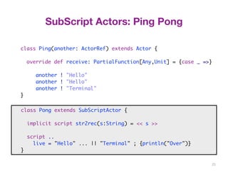 25 
SubScript Actors: Ping Pong 
class Ping(another: ActorRef) extends Actor { 
override def receive: PartialFunction[Any,Unit] = {case _ =>} 
another ! "Hello" 
another ! "Hello" 
another ! "Terminal" 
} 
class Pong extends SubScriptActor { 
script .. 
class Pong extends SubScriptActor { 
implicit script str2rec(s:String) = << s >> 
script .. 
live = <<"Hello">> ... || <<"Terminal">> ; {println("Over")} 
} 
live = "Hello" ... || "Terminal" ; {println("Over")} 
} 
 