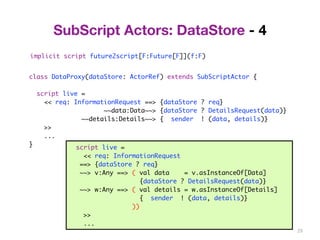 29 
SubScript Actors: DataStore - 4 
implicit script future2script[F:Future[F]](f:F) 
class DataProxy(dataStore: ActorRef) extends SubScriptActor { 
script live = 
<< req: InformationRequest ==> {dataStore ? req} 
~~data:Data~~> {dataStore ? DetailsRequest(data)} 
~~details:Details~~> { sender ! (data, details)} 
>> 
... 
} 
script live = 
<< req: InformationRequest 
==> {dataStore ? req} 
~~> v:Any ==> ( val data = v.asInstanceOf[Data] 
{dataStore ? DetailsRequest(data)} 
~~> w:Any ==> ( val details = w.asInstanceOf[Details] 
{ sender ! (data, details)} 
)) 
>> 
... 
 