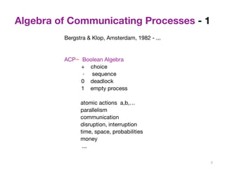 Algebra of Communicating Processes - 1 
6 
Bergstra & Klop, Amsterdam, 1982 - ... 
ACP ~ Boolean Algebra 
+ choice 
· sequence 
0 deadlock 
1 empty process 
atomic actions a,b,… 
parallelism 
communication 
disruption, interruption 
time, space, probabilities 
money 
... 
 