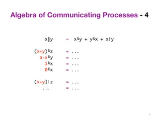 9 
Algebra of Communicating Processes - 4 
x║y = x╙y + y╙x + x|y 
(x+y)╙z = ... 
a·x╙y = ... 
1╙x = ... 
0╙x = ... 
(x+y)|z = ... 
... = ... 
 