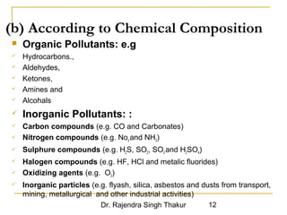 (b) According to Chemical Composition 
 Organic Pollutants: e.g 
 Hydrocarbons., 
 Aldehydes, 
 Ketones, 
 Amines and 
 Alcohals 
 Inorganic Pollutants: : 
 Carbon compounds (e.g. CO and Carbonates) 
 Nitrogen compounds (e.g. Nox and NH3) 
 Sulphure compounds (e.g. H2S, SO2, SO3 and H2SO4) 
 Halogen compounds (e.g. HF, HCl and metalic fluorides) 
 Oxidizing agents (e.g. O3) 
 Inorganic particles (e.g. flyash, silica, asbestos and dusts from transport, 
mining, metallurgical and other industrial activities) 
Dr. Rajendra Singh Thakur 12 
 