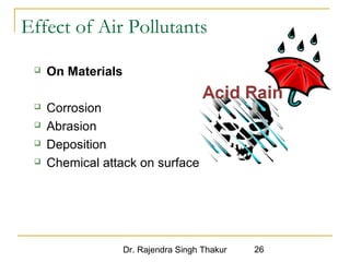 Effect of Air Pollutants 
Dr. Rajendra Singh Thakur 26 
 On Materials 
 Corrosion 
 Abrasion 
 Deposition 
 Chemical attack on surface 
 