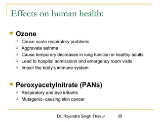 Effects on human health: 
Dr. Rajendra Singh Thakur 39 
 Ozone 
 Cause acute respiratory problems 
 Aggravate asthma 
 Cause temporary decreases in lung function in healthy adults 
 Lead to hospital admissions and emergency room visits 
 Impair the body's immune system 
 Peroxyacetylnitrate (PANs) 
 Respiratory and eye irritants 
 Mutagenic- causing skin cancer 
 