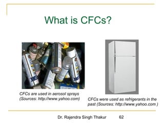 What is CFCs? 
CFCs are used in aerosol sprays 
(Sources: http://www.yahoo.com) CFCs were used as refrigerants in the 
past (Sources: http://www.yahoo.com ) 
Dr. Rajendra Singh Thakur 62 
 