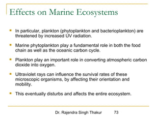 Effects on Marine Ecosystems 
 In particular, plankton (phytoplankton and bacterioplankton) are 
threatened by increased UV radiation. 
 Marine phytoplankton play a fundamental role in both the food 
chain as well as the oceanic carbon cycle. 
 Plankton play an important role in converting atmospheric carbon 
dioxide into oxygen. 
 Ultraviolet rays can influence the survival rates of these 
microscopic organisms, by affecting their orientation and 
mobility. 
 This eventually disturbs and affects the entire ecosystem. 
Dr. Rajendra Singh Thakur 73 
 