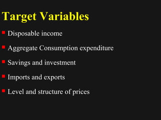 Target Variables 
 Disposable income 
 Aggregate Consumption expenditure 
 Savings and investment 
 Imports and exports 
 Level and structure of prices 
1122//1144//1144 11110000 
 