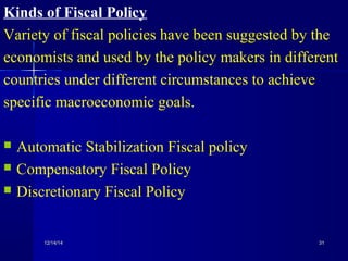 Kinds of Fiscal Policy 
Variety of fiscal policies have been suggested by the 
economists and used by the policy makers in different 
countries under different circumstances to achieve 
specific macroeconomic goals. 
 Automatic Stabilization Fiscal policy 
 Compensatory Fiscal Policy 
 Discretionary Fiscal Policy 
1122//1144//1144 3311 
 
