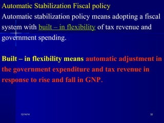 Automatic Stabilization Fiscal policy 
Automatic stabilization policy means adopting a fiscal 
system with built – in flexibility of tax revenue and 
government spending. 
Built – in flexibility means automatic adjustment in 
the government expenditure and tax revenue in 
response to rise and fall in GNP. 
1122//1144//1144 3322 
 