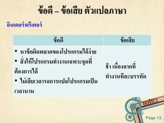 Page 13 
ข้อดี – ข้อเสีย ตัวแปลภาษา 
อินเตอร์พรีเตอร์ 
ข้อดี ข้อเสีย 
• หาข้อผิดพลาดของโปรแกรมได้ง่าย 
• สั่งให้โปรแกรมทางานเฉพาะจุดที่ 
ต้องการได้ 
• ไม่เสียเวลารอการแปลโปรแกรมเป็น 
เวลานาน 
ช้า เนื่องจากที่ 
ทางานทีละบรรทัด 
 