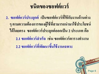 2. ซอฟต์แวร์ประยุกต์ เป็นซอฟต์แวร์ที่ใช้กับงานด้านต่าง 
ๆ ตามความต้องการของผู้ใช้ที่สามารถนามาใช้ประโยชน์ 
ได้โดยตรง ซอฟต์แวร์ประยุกต์ออกเป็น 2 ประเภท คือ 
2.1 ซอฟต์แวร์สาเร็จ เช่น ซอฟต์แวร์ตารางทางาน 
2.2 ซอฟต์แวร์ที่พัฒนาขึ้นใช้งานเฉพาะ 
Page 6 
ชนิดของซอฟต์แวร์ 
 