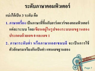 Page 7 
ระดับภาษาคอมพิวเตอร์ 
แบ่งได้เป็น 3 ระดับ คือ 
1. ภาษาเครื่อง เป็นภาษาที่ขึ้นกับฮาร์ดแวร์ของคอมพิวเตอร์ 
แต่ละระบบ โดยเขียนอยู่ในรูปของระบบเลขฐานสอง 
ประกอบด้วยเลข 0 และเลข 1 
2. ภาษาระดับต่า หรือภาษาแอสเซมบลี จะเป็นการใช้ 
ตัวอักษรมาเรียงกันเป็นคา แทนเลขฐานสอง 
 