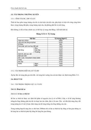 Tiªu chuÈn thiÕt kÕ cÇu 10
3.5. T¶i träng th−êng xuyªn
3.5.1. TÜnh t¶i DC, DW vµ EV
TÜnh t¶i bao gåm träng l−îng cña tÊt c¶ cÊu kiÖn cña kÕt cÊu, phô kiÖn vµ tiÖn Ých c«ng céng kÌm
theo, träng l−îng ®Êt phñ, träng l−îng mÆt cÇu, dù phßng phñ bï vµ më réng.
Khi kh«ng cã ®ñ sè liÖu chÝnh x¸c cã thÓ lÊy tû träng nh− B¶ng 1 ®Ó tÝnh tÜnh t¶i
B¶ng 3.5.1-1- Tû träng
VËt liÖu Tû träng (kg/m3
)
Hîp kim nh«m 2800
Líp phñ bª t«ng at-phan 2250
XØ than 960
C¸t chÆt. phï sa hay ®Êt sÐt 1925
NhÑ 1775
C¸t nhÑ 1925Bª t«ng
Th−êng 2400
C¸t rêi. phï sa. sái 1600
§Êt sÐt mÒn 1600
Sái. cuéi. macadam hoÆc balat 2250
ThÐp 7850
§¸ x©y 2725
Ngät 1000N−íc
MÆn 1025
3.5.2. T¶i träng ®Êt EH, ES vµ DD
¸p lùc ®Êt, t¶i träng phô gia trªn ®Êt , t¶i träng kÐo xuèng (ma s¸t ©m) ®−îc x¸c ®Þnh trong §iÒu 3.11.
3.6. ho¹t t¶i
3.6.1. T¶i träng träng lùc: LL vµ PL
3.6.1.1. Ho¹t t¶i xe
3.6.1.1.1. Sè lµn xe thiÕt kÕ
Sè lµn xe thiÕt kÕ ®−îc x¸c ®Þnh bëi phÇn sè nguyªn cña tû sè w/3500, ë ®©y w lµ bÒ réng kho¶ng
trèngcña lßng ®−êng gi÷a hai ®¸ vØa hoÆc hai rµo ch¾n, ®¬n vÞ lµ mm. CÇn xÐt ®Õn kh¶ n¨ng thay ®æi
trong t−¬ng lai vÒ vËt lý hoÆc chøc n¨ng cña bÒ réng trèng cña lßng ®−êng cña cÇu .
Trong tr−êng hîp bÒ réng lµn xe nhá h¬n 3500mm th× sè lµn xe thiÕt kÕ lÊy b»ng sè lµn giao th«ng vµ
bÒ réng lµn xe thiÕt kÕ ph¶i lÊy b»ng bÒ réng lµn giao th«ng.
 