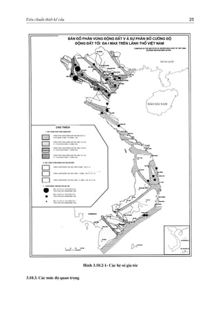 Tiªu chuÈn thiÕt kÕ cÇu 25
b¶n ®å ph©n vïng ®éng ®Êt v μ sù ph©n bè c−êng ®é
®éng ®Êt tèi ®a I Max trªn l·nh thæ viÖt nam
trung quèc
®¶o h¶i nam
chó thÝch
I -c¸c vïng ph¸t sinh ®éng ®Êt
vïng ph¸t sinh ®éng ®Êt ms max=6.6-7.0
h=20-30km, io m· = 8-9 (msk – 64)
vïng ph¸t sinh ®éng ®Êt ms max =6.1-6.5
h = 15-20 km io max = 8 (msk =64)
vïng ph¸t sinh ®éng ®Êt ms max =5.6-6.0
h = 20-25 km io max = 7 (msk =64)
vïng ph¸t sinh ®éng ®Êt ms max =5.1-5.5
h = 15-20 km io max = 7 (msk =64)
ii- c¸c vïng chÊn ®éng cùc ®¹i dù b¸o
vïng chÊn ®éng cùc ®¹i i max 6 (msk – 64) a = 6
vïng chÊn ®éng cùc ®¹i i max = 7 (msk – 64) 6 < a < 12
vïng chÊn ®éng cùc ®¹i i max = 8 (msk – 64) 12< a <24
1 – chÊn ®éng t©m ®Êt ®· x¶y ra
ms = 6.6-7.0, h = 23-25 km, io=8
thêi gian x¶y ra9nawm0 1983
ms = 5.6-6.0, h = 25-30 km, io=7
thêi gian x¶y ra9nawm0 1961
ms = 5.1-5.5, h = 10-15 km, io=7
thêi gian x¶y ra9nawm0 1954
H×nh 3.10.2-1- C¸c hÖ sè gia tèc
3.10.3. C¸c møc ®é quan träng
 