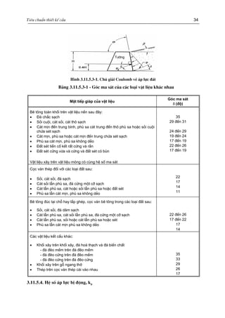 Tiªu chuÈn thiÕt kÕ cÇu 34
T−êng
ø
H×nh 3.11.5.3-1. Chó gi¶i Coulomb vÒ ¸p lùc ®Êt
B¶ng 3.11.5.3-1 - Gãc ma s¸t cña c¸c lo¹i vËt liÖu kh¸c nhau
MÆt tiÕp gi¸p cña vËt liÖu
Gãc ma s¸t
δ (®é)
Bª t«ng toµn khèi trªn vËt liÖu nÒn sau ®©y:
•
•
•
•
•
•
•
§¸ ch¾c s¹ch
Sái cuéi, c¸t sái, c¸t th« s¹ch
C¸t mÞn ®Õn trung b×nh, phï sa c¸t trung ®Õn th« phï sa hoÆc sái cuéi
chøa sÐt s¹ch
C¸t mÞn, phï sa hoÆc c¸t mÞn ®Õn trung chøa sÐt s¹ch
Phï sa c¸t mÞn, phï sa kh«ng dÎo
§Êt sÐt tiÒn cè kÕt rÊt cøng vµ r¾n
§Êt sÐt cøng võa vµ cøng vµ ®Êt sÐt cã bïn
VËt liÖu x©y trªn vËt liÖu mãng cã cïng hÖ sè ma s¸t
35
29 ®Õn 31
24 ®Õn 29
19 ®Õn 24
17 ®Õn 19
22 ®Õn 26
17 ®Õn 19
Cäc v¸n thÐp ®èi víi c¸c lo¹i ®Êt sau:
• Sái, c¸t sái, ®¸ s¹ch
• C¸t sái lÉn phï sa, ®¸ cøng mét cì s¹ch
• C¸t lÉn phï sa, c¸t hoÆc sái lÉn phï sa hoÆc ®Êt sÐt
• Phï sa lÉn c¸t mÞn, phï sa kh«ng dÎo
22
17
14
11
Bª t«ng ®óc t¹i chç hay l¾p ghÐp, cäc v¸n bª t«ng trong c¸c lo¹i ®Êt sau:
•
•
•
•
Sái, c¸t sái, ®¸ d¨m s¹ch
C¸t lÉn phï sa, c¸t sái lÉn phï sa, ®¸ cøng mét cì s¹ch
C¸t lÉn phï sa, sái hoÆc c¸t lÉn phï sa hoÆc sÐt
Phï sa lÉn c¸t mÞn phï sa kh«ng dÎo
22 ®Õn 26
17 ®Õn 22
17
14
C¸c vËt liÖu kÕt cÊu kh¸c:
• Khèi x©y trªn khèi x©y, ®¸ ho¸ th¹ch vµ ®¸ biÕn chÊt
- ®¸ ®Ïo mÒm trªn ®¸ ®Ïo mÒm
- ®¸ ®Ïo cøng trªn ®¸ ®Ïo mÒm
- ®¸ ®Ïo cøng trªn ®¸ ®Ïo cøng
• Khèi x©y trªn gç ngang thí
• ThÐp trªn cäc v¸n thÐp cµi vµo nhau
35
33
29
26
17
3.11.5.4. HÖ sè ¸p lùc bÞ ®éng, kp
 