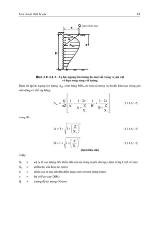 Tiªu chuÈn thiÕt kÕ cÇu 43
(lùc/ chiÒu dµi)
H×nh 3.11.6.1-3 - ¸p lùc ngang lªn t−êng do mét t¶i träng tuyÕn dµi
v« h¹n song song víi t−êng
Ph©n bè ¸p lùc ngang lªn t−êng , tÝnh b»ng MPa, do mét t¶i träng tuyÕn dµi h÷u h¹n th¼ng gãc
víi t−êng cã thÓ lÊy b»ng:
phΔ
⎥
⎥
⎥
⎥
⎦
⎤
⎢
⎢
⎢
⎢
⎣
⎡
+
−
+−
+
−
−
π
=Δ
1
3
2
3ph
X
Z
B
v21
B
1
X
Z
A
v21
A
1
Z
Q
(3.11.6.1-5)
trong ®ã:
2
2
X
Z
11A ⎟⎟
⎠
⎞
⎜⎜
⎝
⎛
++= (3.11.6.1-6)
2
1
X
Z
11B ⎟⎟
⎠
⎞
⎜⎜
⎝
⎛
++= (3.11.6.1-7)
(lùc/chiÒu dµi)
ë ®©y:
X1 = cù ly tõ sau t−êng ®Õn ®iÓm ®Çu cña t¶i trong tuyÕn nh− quy ®Þnh trong H×nh 4 (mm)
X2 = chiÒu dµi cña ho¹t t¶i (mm)
Z = chiÒu s©u tõ mÆt ®Êt ®Õn ®iÓm ®ang xem xÐt trªn t−êng (mm)
v = hÖ sè Poisson (DIM)
Q = c−êng ®é t¶i träng (N/mm)
 