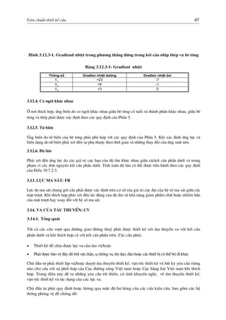Tiªu chuÈn thiÕt kÕ cÇu 47
H×nh 3.12.3-1. Gradiend nhiÖt trong ph−¬ng th¼ng ®øng trong kÕt cÊu nhÞp thÐp vµ bª t«ng
B¶ng 3.12.3-1- Gradient nhiÖt
Th«ng sè Gradien nhiÖt d−¬ng Gradien nhiÖt ©m
T1 +23 -7
T2 +6 -1
T3 +3 0
3.12.4. Co ngãt kh¸c nhau
ë n¬i thÝch hîp, øng biÕn do co ngãt kh¸c nhau gi÷a bª t«ng cã tuæi vµ thµnh phÇn kh¸c nhau, gi÷a bª
t«ng vµ thÐp ph¶i ®−îc x¸c ®Þnh theo c¸c quy ®Þnh cña PhÇn 5.
3.12.5. Tõ biÕn
øng biÕn do tõ biÕn cña bª t«ng ph¶i phï hîp víi c¸c quy ®Þnh cña PhÇn 5. Khi x¸c ®Þnh øng lùc vµ
biÕn d¹ng do tõ biÕn ph¶i xÐt ®Õn sù phô thuéc theo thêi gian vµ nh÷ng thay ®æi cña øng suÊt nÐn.
3.12.6. §é lón
Ph¶i xÐt ®Õn øng lùc do c¸c gi¸ trÞ cùc h¹n cña ®é lón kh¸c nhau gi÷a c¸ckÕt cÊu phÇn d−íi vµ trong
ph¹m vi c¸c ®¬n nguyªn kÕt cÊu phÇn d−íi. TÝnh to¸n ®é lón cã thÓ ®−îc tiÕn hµnh theo c¸c quy ®Þnh
cña §iÒu 10.7.2.3.
3.13. Lùc ma s¸t: FR
Lùc do ma s¸t chung gèi cÇu ph¶i ®−îc x¸c ®Þnh trªn c¬ së cña gi¸ trÞ cùc ®¹i cña hÖ sè ma s¸t gi÷a c¸c
mÆt tr−ît. Khi thÝch hîp ph¶i xÐt ®Õn t¸c ®éng cña ®é Èm vµ kh¶ n¨ng gi¶m phÈm chÊt hoÆc nhiÔm bÈn
cña mÆt tr−ît hay xoay ®èi víi hÖ sè ma s¸t.
3.14. Va cña tμu thuyÒn: CV
3.14.1. Tæng qu¸t
TÊt c¶ c¸c cÇu v−ît qua ®−êng giao th«ng thuû ph¶i ®−îc thiÕt kÕ xÐt tµu thuyÒn va víi kÕt cÊu
phÇn d−íi vµ khi thÝch hîp c¶ víi kÕt cÊu phÇn trªn. C¸c cÇu ph¶i:
• ThiÕt kÕ ®Ó chÞu ®−îc lùc va cña tµu vµ/hoÆc
• Ph¶i ®−îc b¶o vÖ ®Çy ®ñ bëi vËt ch¾n, ô chèng va, hé ®¹o, ®¶o hoÆc c¸c thiÕt bÞ cã thÓ bá ®i kh¸c
Chñ ®Çu t− ph¶i thiÕt lËp vµ/hoÆc duyÖt tµu thuyÒn thiÕt kÕ, vËn tèc thiÕt kÕ vµ bÊt kú yªu cÇu riªng
nµo cho cÇu víi sù phèi hîp cña Côc ®−êng s«ng ViÖt nam hoÆc Côc hµng h¶i ViÖt nam khi thÝch
hîp. Trong ®iÒu nµy ®Ò ra nh÷ng yªu cÇu tèi thiÓu, cã tÝnh khuyÕn nghÞ, vÒ tµu thuyÒn thiÕt kÕ,
vËn tèc thiÕt kÕ vµ t¸c dông cña c¸c lùc va.
Chñ ®Çu t− ph¶i quy ®Þnh hoÆc th«ng qua møc ®é h− háng cña c¸c cÊu kiÖn cÇu, bao gåm c¸c hÖ
thèng phßng vÖ ®Ó chèng ®ì.
 