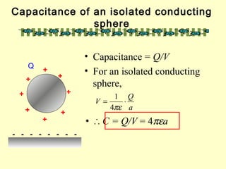 Capacitance of an isolated conducting
sphere
• Capacitance = Q/V
• For an isolated conducting
sphere,
+
+
+
+
+
+
+
+ a
Q
V ⋅=
πε4
1
• ∴ C = Q/V = 4πεa
Q
- - - - - - - -
 