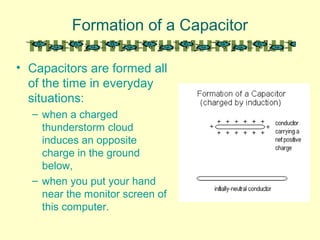Formation of a Capacitor
• Capacitors are formed all
of the time in everyday
situations:
– when a charged
thunderstorm cloud
induces an opposite
charge in the ground
below,
– when you put your hand
near the monitor screen of
this computer.
 