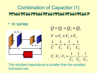 Combination of Capacitor (1)
• In series
321 QQQQ ===
321 VVVV ++=
321
1111
CCCC
++=
321
321
1
:
1
:
1
::
CCC
VVV =
The resultant capacitance is smaller than the smallest
Individual one.
 