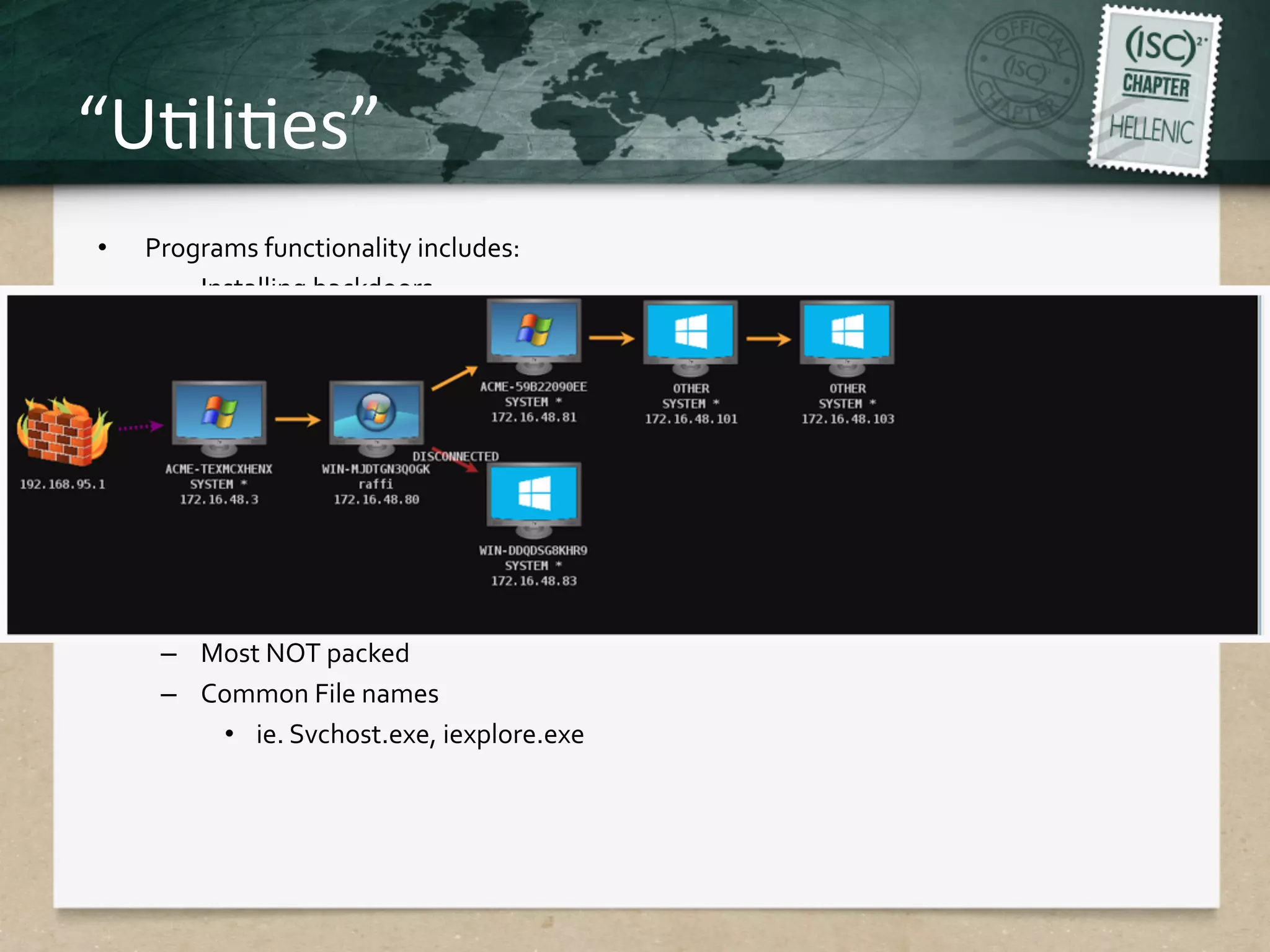 “UQliQes”	
  
•  Programs	
  functionality	
  includes:	
  
–  Installing	
  backdoors	
  
–  Dumping	
  passwords	
  
–  Obtaining	
  email	
  from	
  servers	
  
–  List	
  running	
  processes	
  
–  Tunnel	
  connections	
  via	
  trusted	
  systems	
  and	
  stay	
  low	
  (see	
  Beacon)	
  
•  More	
  Malware	
  Characteristics:	
  
–  Only	
  a	
  small	
  %	
  detected	
  by	
  security	
  software	
  
–  Utilize	
  spoofed	
  or	
  stolen	
  SSL	
  Certiﬁcates	
  
•  ie.	
  Microsoft,	
  Yahoo	
  
–  Most	
  NOT	
  packed	
  
–  Common	
  File	
  names	
  
•  ie.	
  Svchost.exe,	
  iexplore.exe	
  
 