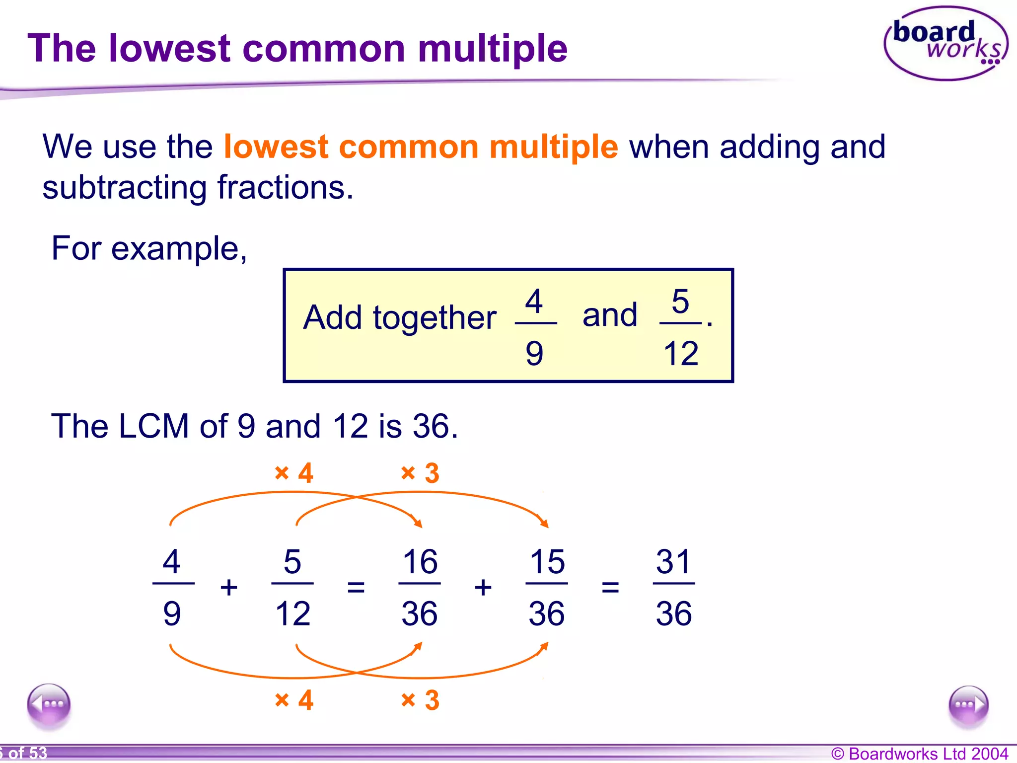 © Boardworks Ltd 20046 of 53
We use the lowest common multiple when adding and
subtracting fractions.
For example,
Add together 4
9
5
12
and .
The LCM of 9 and 12 is 36.
+
4
9
5
12
=
36
× 4
× 4
16
+
36
× 3
× 3
15
=
31
36
The lowest common multiple
 