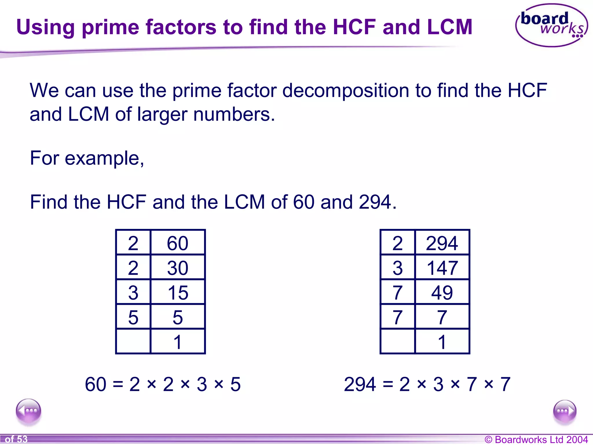 © Boardworks Ltd 20041 of 53
We can use the prime factor decomposition to find the HCF
and LCM of larger numbers.
For example,
Find the HCF and the LCM of 60 and 294.
602
302
153
55
1
60 = 2 × 2 × 3 × 5
2942
1473
497
77
1
294 = 2 × 3 × 7 × 7
Using prime factors to find the HCF and LCM
 