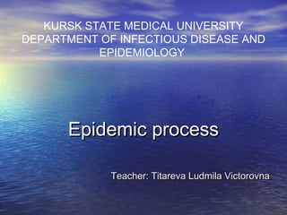 KURSK STATE MEDICAL UNIVERSITY
DEPARTMENT OF INFECTIOUS DISEASE AND
EPIDEMIOLOGY
Epidemic processEpidemic process
Teacher: Titareva Ludmila VictorovnaTeacher: Titareva Ludmila Victorovna
 