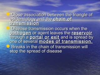 Close association between the triangle ofClose association between the triangle of
epidemiology and theepidemiology and the chain ofchain of
transmissiontransmission
Disease transmission occurs when theDisease transmission occurs when the
pathogenpathogen or agent leaves theor agent leaves the reservoirreservoir
through athrough a portal or exitportal or exit and is spread byand is spread by
one of severalone of several modes of transmission.modes of transmission.
Breaks in the chain of transmission willBreaks in the chain of transmission will
stop the spread of diseasestop the spread of disease
 