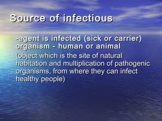 Source of infectiousSource of infectious
• --agent is infected (sick or carrier)agent is infected (sick or carrier)
organism - human or animalorganism - human or animal
(object which is the site of natural(object which is the site of natural
habitation and multiplication of pathogenichabitation and multiplication of pathogenic
organisms, from where they can infectorganisms, from where they can infect
healthy people)healthy people)
 