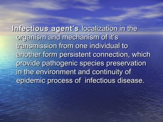 Infectious agent’sInfectious agent’s localization in thelocalization in the
organism and mechanism of it’sorganism and mechanism of it’s
transmission from one individual totransmission from one individual to
another form persistent connection, whichanother form persistent connection, which
provide pathogenic species preservationprovide pathogenic species preservation
in the environment andin the environment and continuitycontinuity ofof
epidemic process of infectious disease.epidemic process of infectious disease.
 
