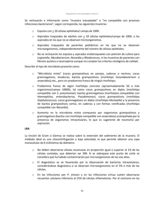 Diagnóstico microbiológico directo
55
Se rechazarán e informarán como “muestra inaceptable” o “no compatible con procesos
infecciosos bacterianos”, según corresponda, las siguientes muestras:
o Esputos con > 10 células epiteliales/ campo de 100X.
o Aspirados traqueales de adultos con > 10 células epiteliales/campo de 100X, o los
aspirados en los que no se observan microorganismos.
o Aspirados traqueales de pacientes pediátricos en los que no se observen
microorganismos, independientemente del número de células epiteliales.
o No se rechazarán los esputos y aspirados endotraqueales con petición de cultivo para
Legionella, Mycobacterium, Nocardia y Rhodococcus, ni las muestras de pacientes con
fibrosis quística o neutropenia aunque no cumplan los criterios citológicos de calidad.
Describir el tipo de microbiota presente como:
o “Microbiota mixta” (cocos grampositivos en parejas, cadenas o racimos; cocos
gramnegativos; levaduras; bacilos grampositivos (morfotipo Corynebacterium o
anaerobios) etc., pero sin predominio franco de ningún morfotipo.
o Predominio franco de algún morfotipo concreto (aproximadamente 50 o más
organismos/campo 1000X), tal como cocos grampositivos en diplos (morfotipo
compatible con S. pneumoniae); bacilos gramnegativos (morfotipos compatibles con
Haemophilus, enterobacterias, Pseudomonas); cocos grampositivos (morfotipo
Staphylococcus); cocos gramnegativos en diplos (morfotipo Moraxella) y la presencia
de bacilos grampositivos cortos, en cadenas y con formas ramificadas (morfotipo
compatible con Nocardia).
o Aumento en la microbiota mixta compuesta por organismos grampositivos y
gramnegativos (bacilos con morfotipo compatible con anaerobios) acompañada por la
presencia de organismos intracelulares, lo que es sugerente de neumonía por
aspiración.
LBA
La tinción de Gram o Giemsa se realiza sobre la extensión del sedimento de la muestra. El
médodo ideal es una citocentrifugación a baja velocidad, lo que permite obtener una capa
monocelular de 6 milímetros de diámetro:
o No deben observarse células escamosas en proporción igual o superior al 1% de las
células contadas, que deberían ser 300. Si se sobrepasa este punto de corte se
considera que ha habido contaminación por microorganismos de las vías altas.
o El diagnóstico se ve favorecido por la observación de bacterias intracelulares,
considerándose diagnóstica si se observan microorganismos en el 5% o más de las
células.
o En las infecciones por P. jiroveci y en las infecciones víricas suelen observarse
recuentos celulares inferiores al 25% de células inflamatorias. Por el contrario en las
 