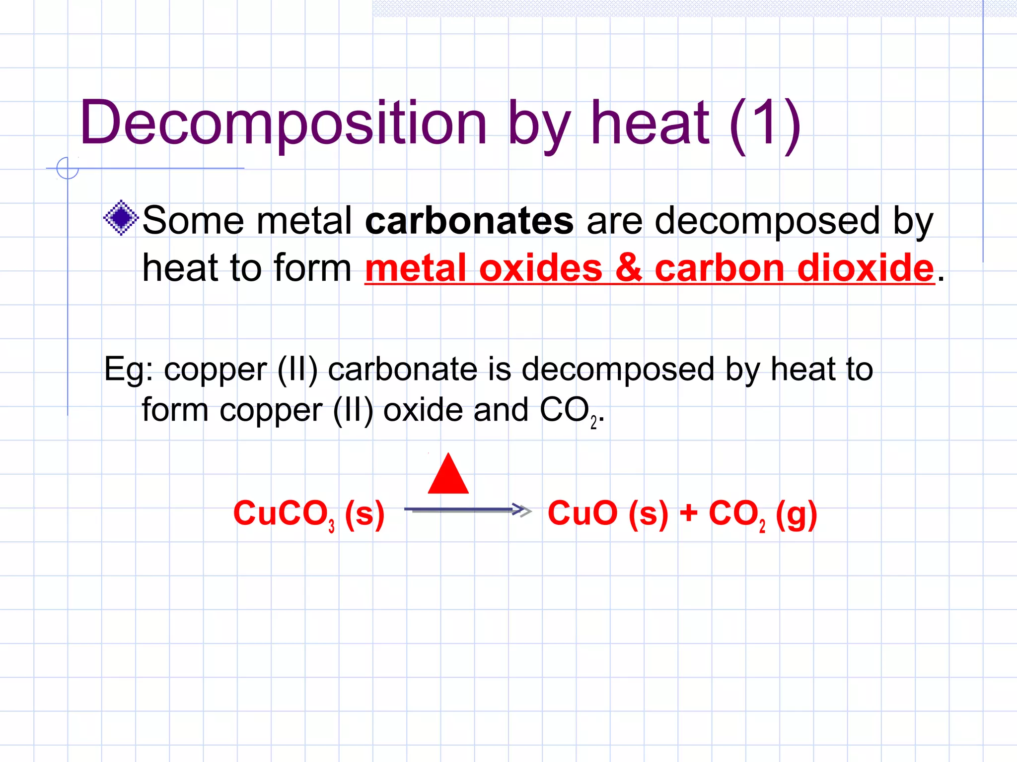 Decomposition by heat (1)
Some metal carbonates are decomposed by
heat to form metal oxides & carbon dioxide.
Eg: copper (II) carbonate is decomposed by heat to
form copper (II) oxide and CO2.
CuCO3 (s) CuO (s) + CO2 (g)
 