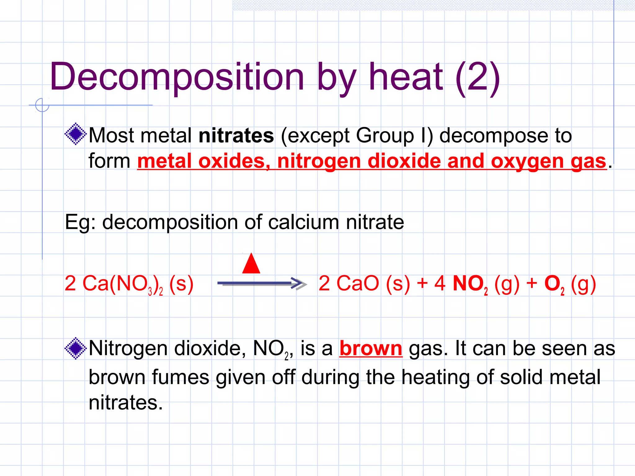 Decomposition by heat (2)
Most metal nitrates (except Group I) decompose to
form metal oxides, nitrogen dioxide and oxygen gas.
Eg: decomposition of calcium nitrate
2 Ca(NO3)2 (s) 2 CaO (s) + 4 NO2 (g) + O2 (g)
Nitrogen dioxide, NO2, is a brown gas. It can be seen as
brown fumes given off during the heating of solid metal
nitrates.
 