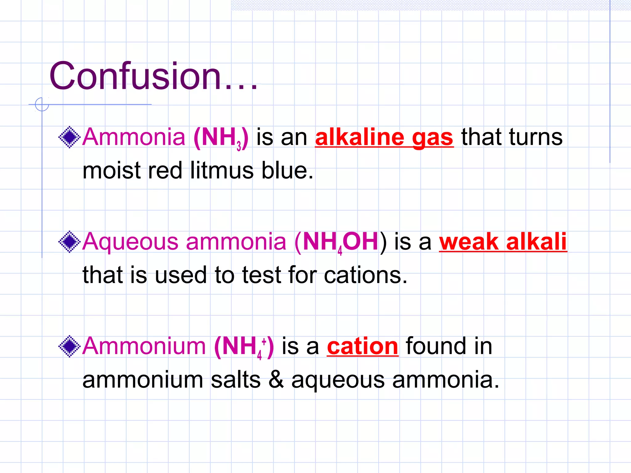 Confusion…
Ammonia (NH3) is an alkaline gas that turns
moist red litmus blue.
Aqueous ammonia (NH4OH) is a weak alkali
that is used to test for cations.
Ammonium (NH4
+
) is a cation found in
ammonium salts & aqueous ammonia.
 