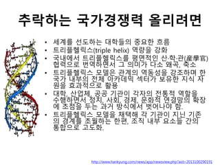추락하는 국가경쟁력 올리려면
• 세계를 선도하는 대학들의 중요한 흐름
• 트리플헬릭스(triple helix) 역량을 강화
• 국내에서 트리플헬릭스를 평면적인 산·학·관(産學官)
협력으로 번역하면서 그 의미가 다소 왜곡, 축소
• 트리플헬릭스 모델은 관계의 역동성을 강조하며 한
국가 내부의 전체 아카데믹 섹터가 보유한 지식 자
원을 효과적으로 활용
• 대학, 산업체, 공공 기관이 각자의 전통적 역할을
수행하면서 정치, 사회, 경제, 문화적 연결망의 확장
에 초점을 두는 과거 방식에서 벗어나야 함.
• 트리플헬릭스 모델을 채택해 각 기관이 지닌 기존
의 경계를 초월하는 한편, 조직 내부 요소들 간의
통합으로 고도화.
http://www.hankyung.com/news/app/newsview.php?aid=2013100290191
 