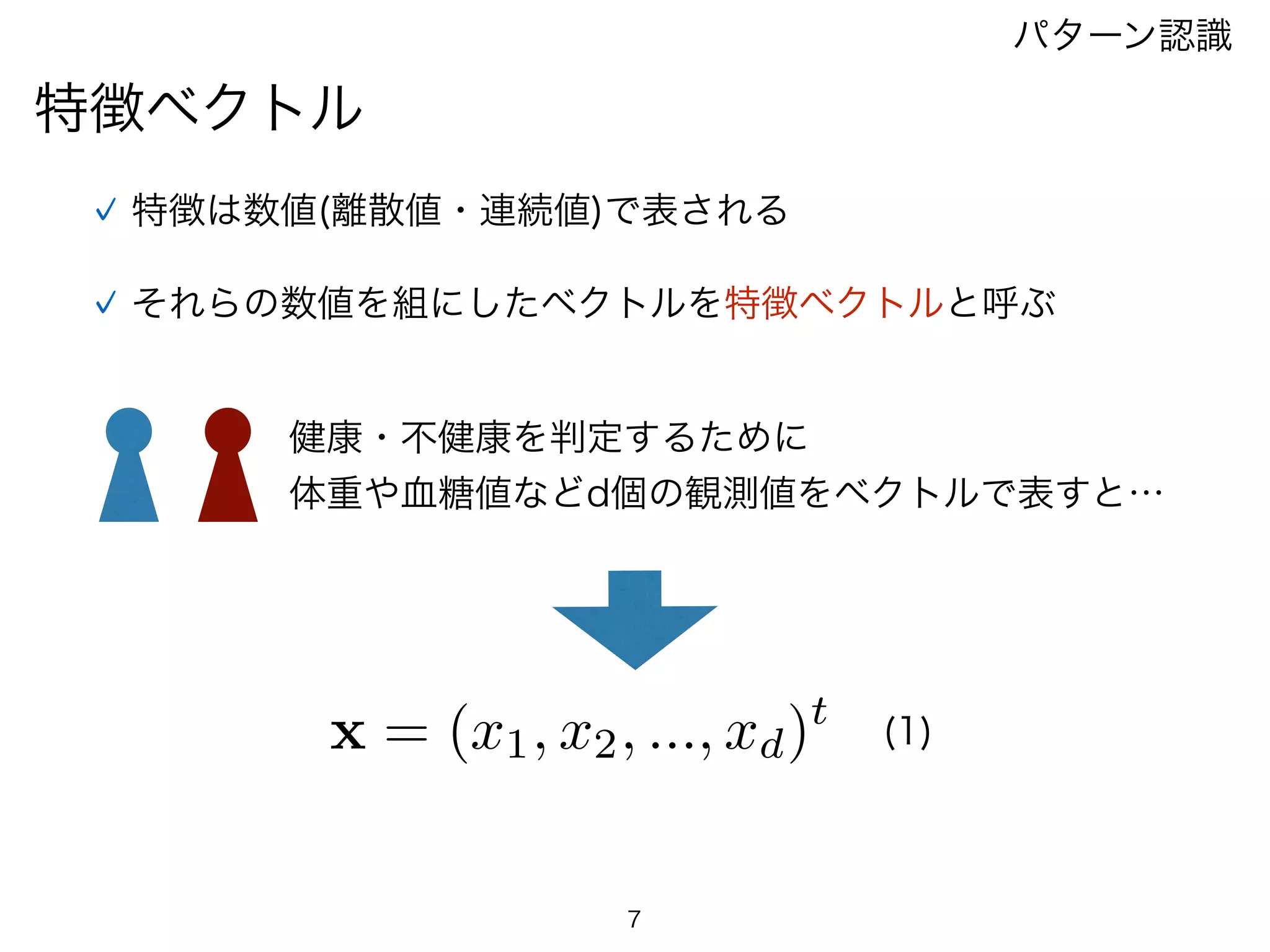 特徴ベクトル
特徴は数値(離散値・連続値)で表される
それらの数値を組にしたベクトルを特徴ベクトルと呼ぶ
x = (x1, x2, ..., xd)t (1)
7
パターン認識
健康・不健康を判定するために
体重や血糖値などd個の観測値をベクトルで表すと…
 