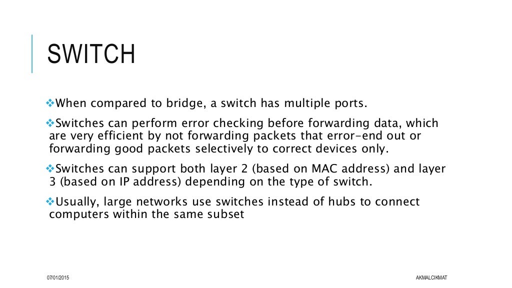 difference between hub, bridge, switch and router