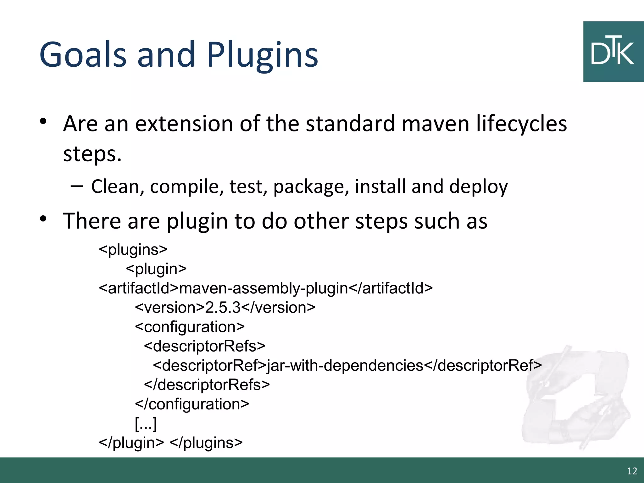 Goals and Plugins
• Are an extension of the standard maven lifecycles
steps.
– Clean, compile, test, package, install and deploy
• There are plugin to do other steps such as
12
<plugins>
<plugin>
<artifactId>maven-assembly-plugin</artifactId>
<version>2.5.3</version>
<configuration>
<descriptorRefs>
<descriptorRef>jar-with-dependencies</descriptorRef>
</descriptorRefs>
</configuration>
[...]
</plugin> </plugins>
 
