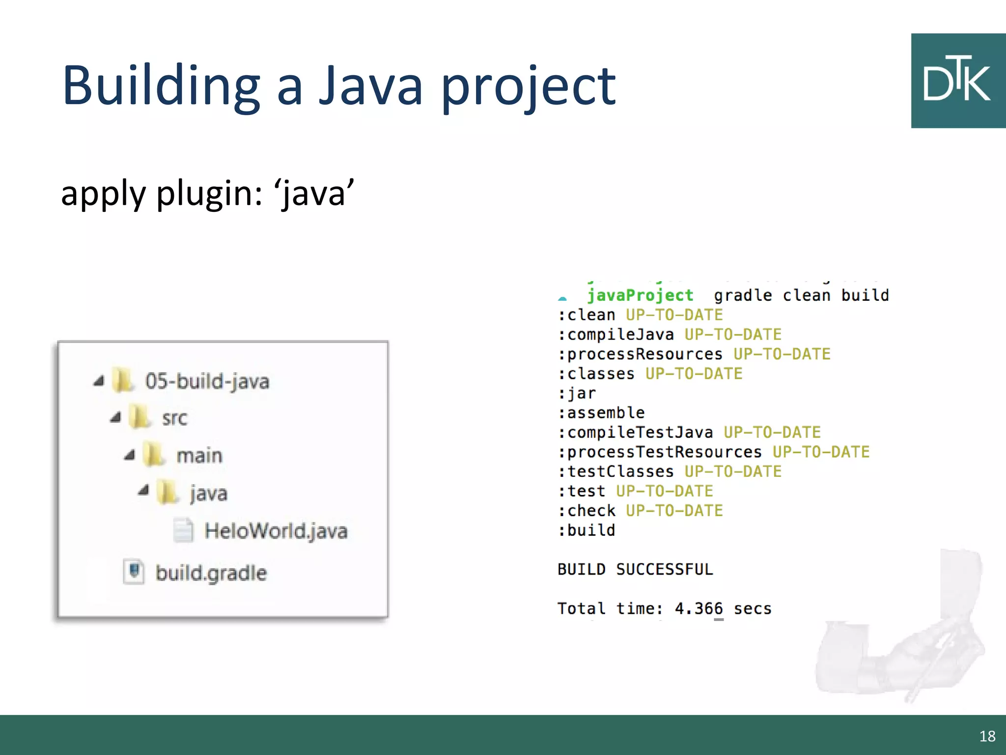 Building a Java project
apply plugin: ‘java’
18
 