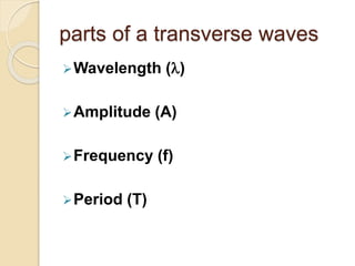 parts of a transverse waves
Wavelength ()
Amplitude (A)
Frequency (f)
Period (T)
 