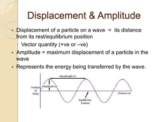 Displacement & Amplitude
 Displacement of a particle on a wave = its distance
from its rest/equilibrium position
◦ Vector quantity (+ve or –ve)
 Amplitude = maximum displacement of a particle in the
wave
 Represents the energy being transferred by the wave.
 